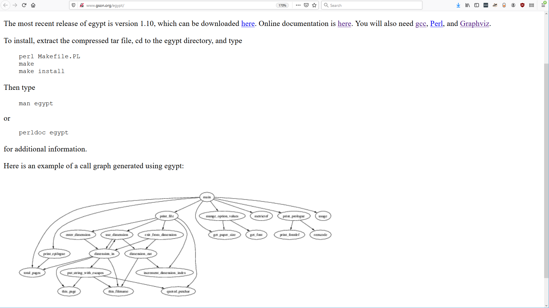 Screenshot of sample output of the egypt call graph generator